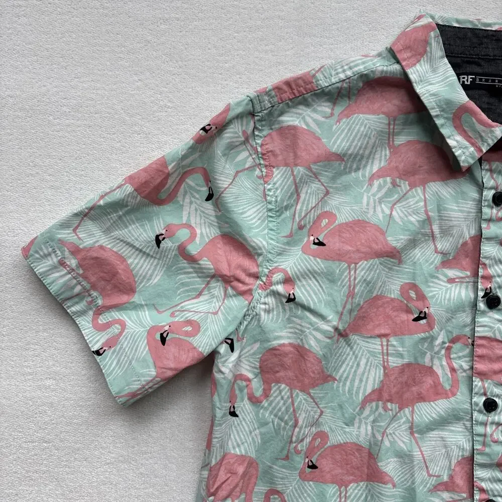 RF Brand MFG Men Medium Hawaiian Shirt Flamingo Short Sleeve Tropical‎